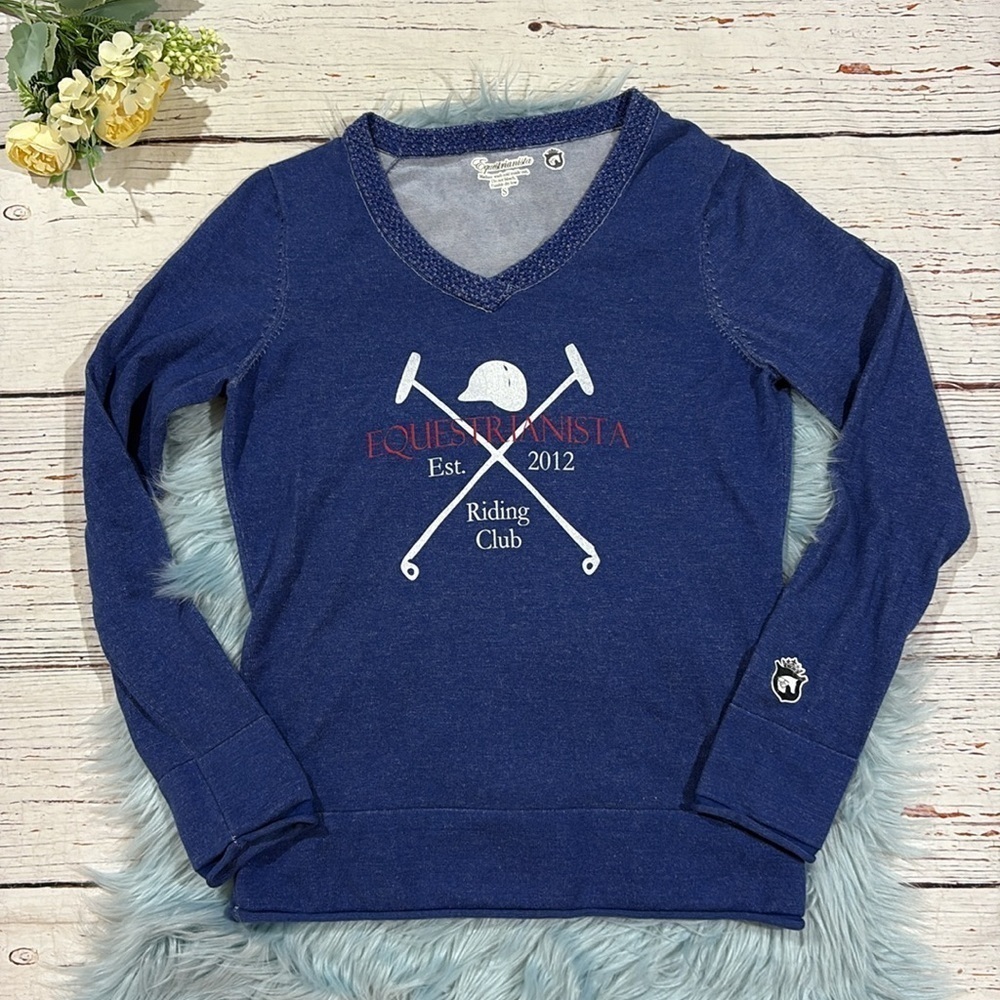Equestrianista V-neck Blue Horse Graphic Riding Sweatshirt